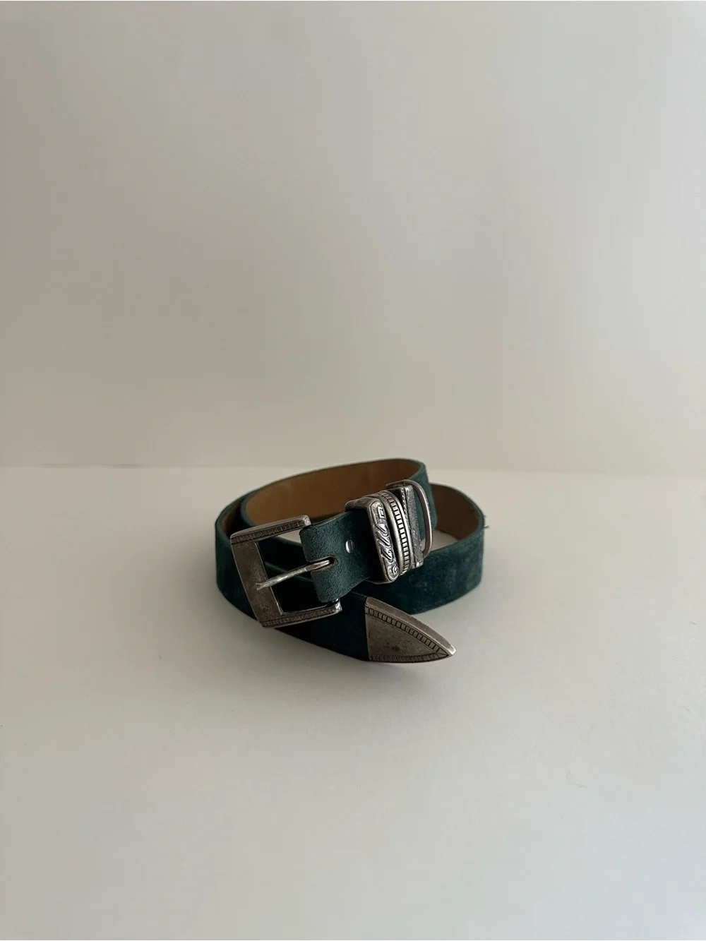 Vintage turquoise suede leather Silver Buckle Western Boho belt